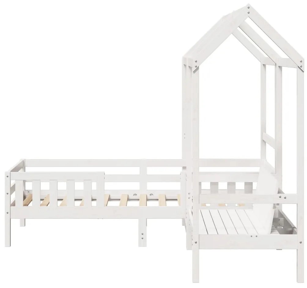 fehér tömör fenyőfa ágy és pad szett tetővel 75 x 190 cm