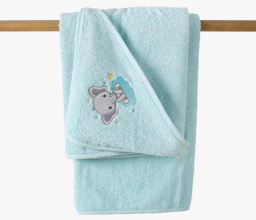 Goldea gyermek frottír fördőlepedő csuklyás - kék alapon elefánt 100 x 100 cm