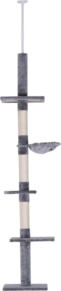 PawHut Karcolóoszlop Mennyezet Magasságban Állítható Magasságú, Stabil Macskafa Sisal Oszlopokkal, Szürke, 40 x 34 x 230-260 cm | Aosom