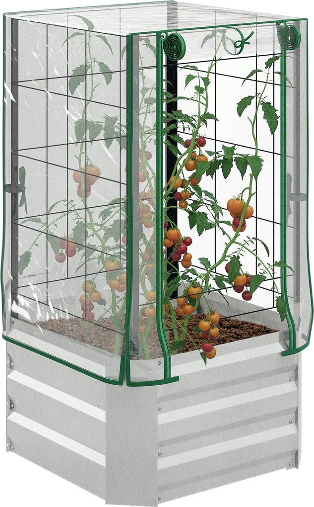 Outsunny Emelt Kertágy Ültetődoboz Trellis-szel, Acél Trellis Ültetőedény, Kert Trellis 53 x 53 x 90 cm Kert Balkonnal Terasszal, Ültető Mászó Növénye