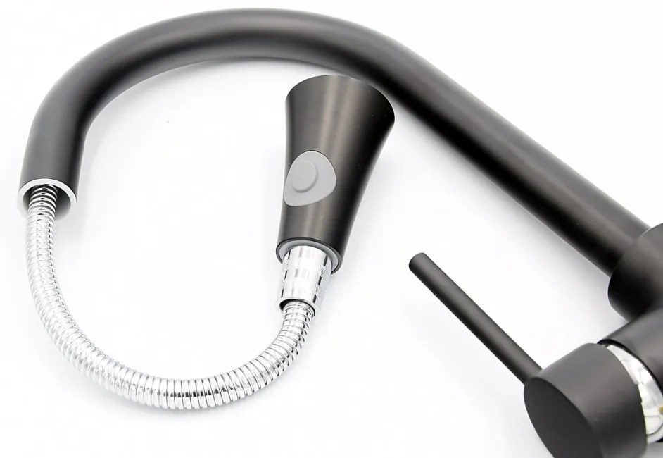 Gránit mosogató NERO Eris + kihúzható zuhanyfejes Snake csaptelep + adagoló + dugókiemelő (matt fekete)