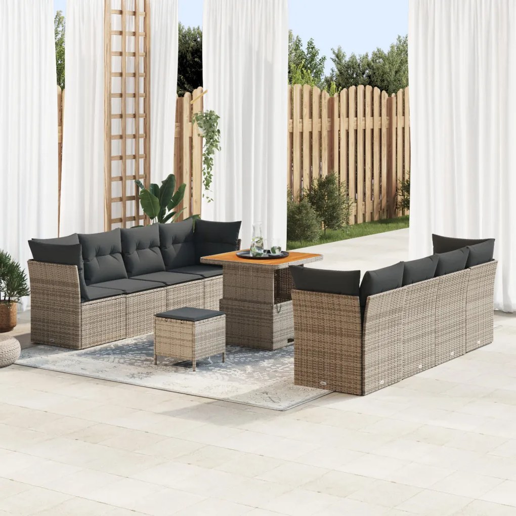 11 részes kertibútor szett párnákkal szürke poli rattan akáccal, 3 részes kert Dining szett párnákkal szürke poli rattan akáccal