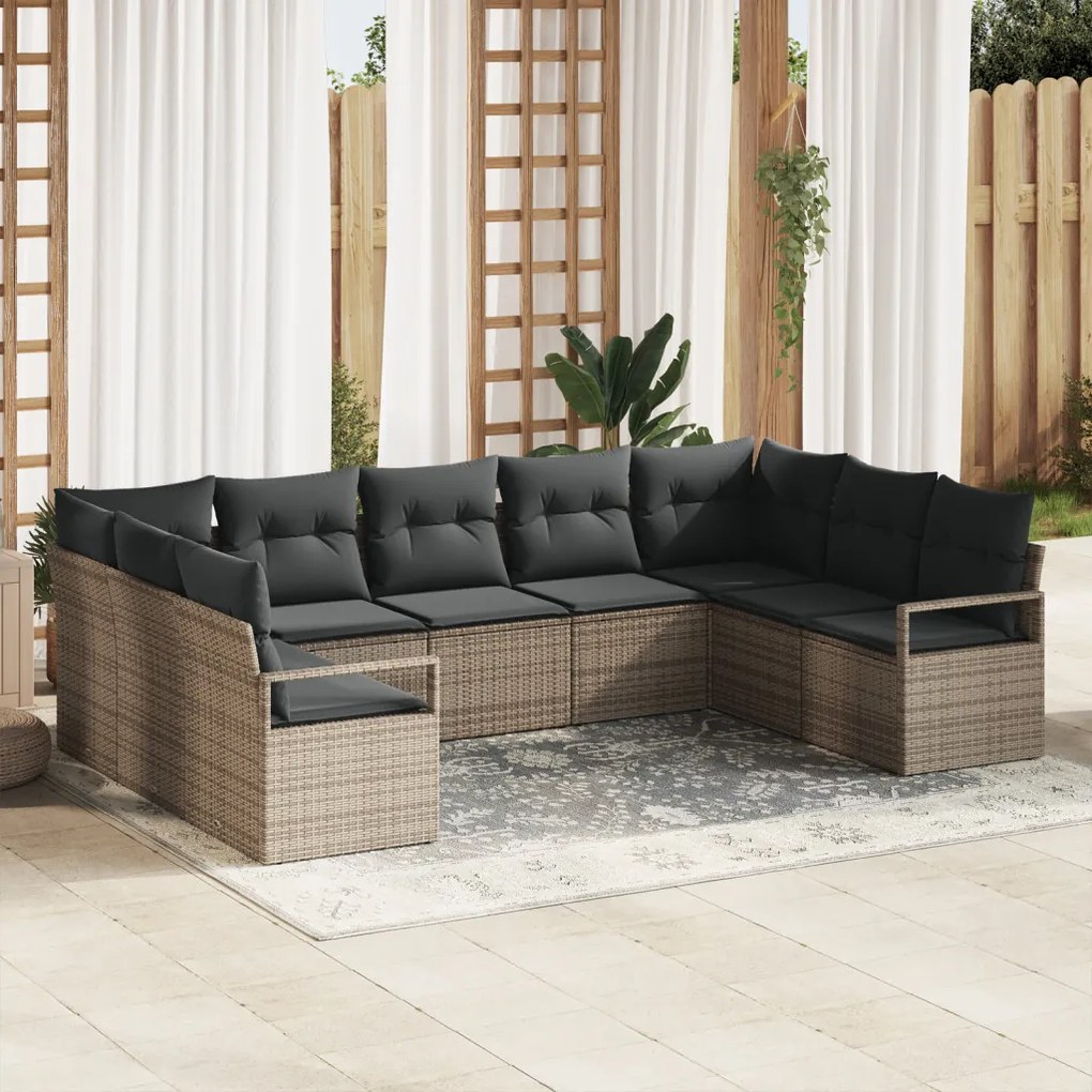 9 darabos Kert Sofa Szett Párnákkal Szürke Poli Rattan, 2 Személyes Kert Sofa Tárolóval és Párnákkal Szürke Poli Rattan