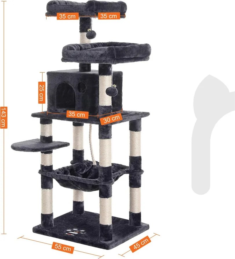 FEANDREA Macska kaparó, stabil macskatorony, 2 plüss fekhely, 143 cm