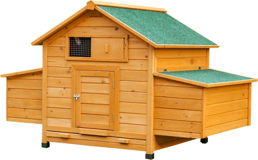 PawHut Kültéri Tyúkól Fa Tyúkól 2-4 Tyúk számára 2 Fészekkel, Kivehető Tálcával, Billenő Tetővel 150x100x96,5 cm Természetes | Aosom