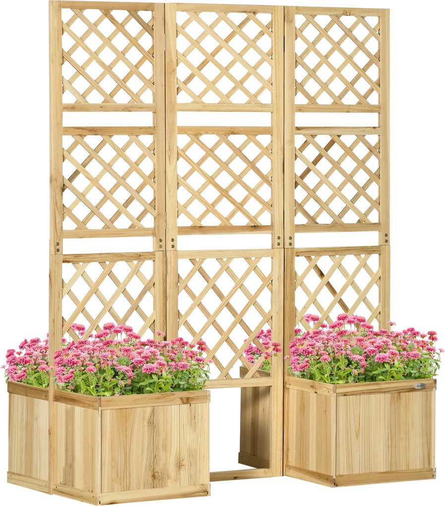 Outsunny Emelt Ágy Foldable Trellisszel, Növényláda Privátszűrővel, 133 x 165 cm Szobaelválasztó 4 Virágládával, Erkélyelválasztó, Fenyőfából, Termész