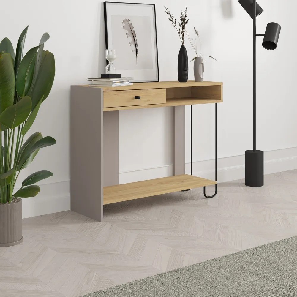 Konzolasztal tölgyfa dekoros asztallappal 35x100 cm Saturne – Marckeric