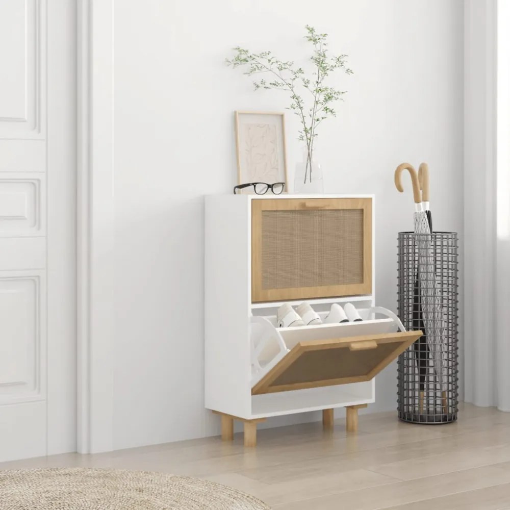 Fehér szerelt fa és természetes rattan cipőszekrény 52x25x80 cm