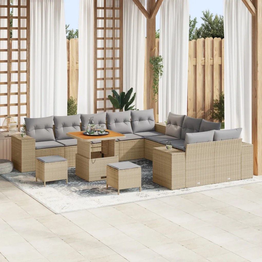 13 darabos Kert Sofa Szett Párnákkal Bézs Poli Rattan Akáciával, 3 darabos Kert Étkező Szett Párnákkal Bézs Poli Rattan Akáciával
