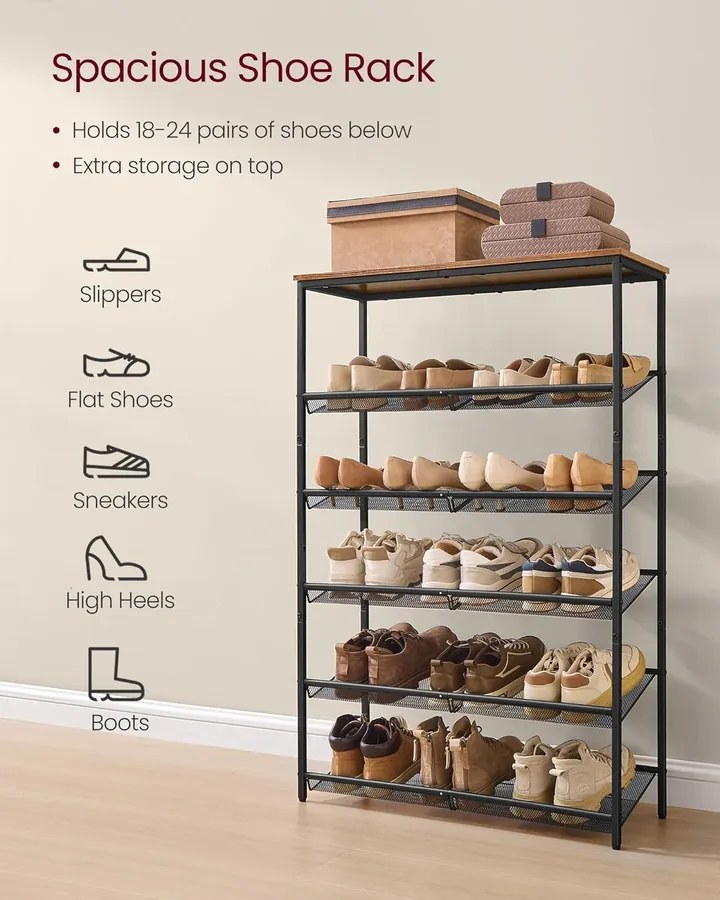 VASAGLE cipőtartó állvány, 6 szintes, 28x75x114 cm, barna-fekete