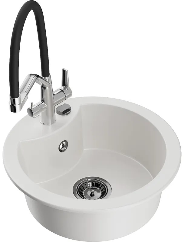 Mexen Diego 1-medencés gránit mosogató konyhai csappal Duo, fehér - 6512-20-671701-07-B