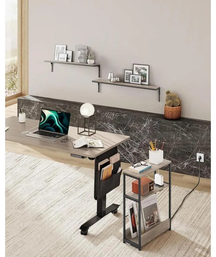 Keskeny oldal asztal töltő funkcióval 3 polcos, 18 x 45 x 58 cm Greige szürke fekete lábakkal