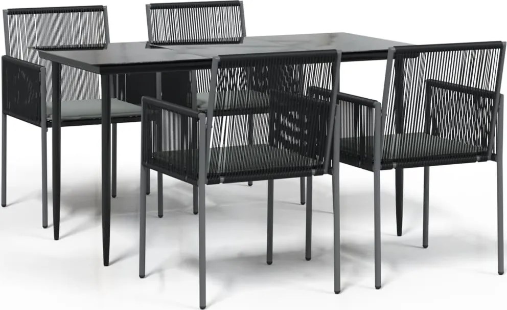 vidaXL 5 részes fekete polyrattan és acél kerti étkezőszett párnákkal