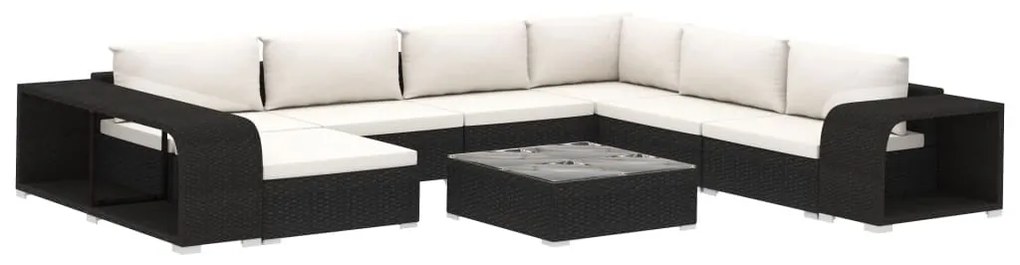 vidaXL 10-részes fekete polyrattan kerti bútorszett párnákkal