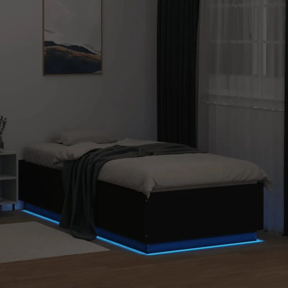 fekete szerelt fa ágykeret LED-világítással 90 x 200 cm