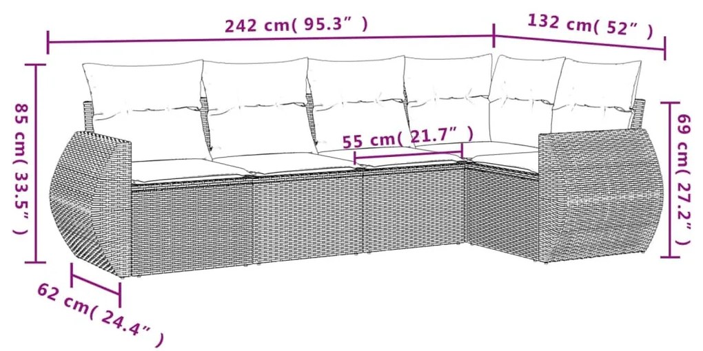 5 részes világosszürke polyrattan kerti ülőgarnitúra párnákkal