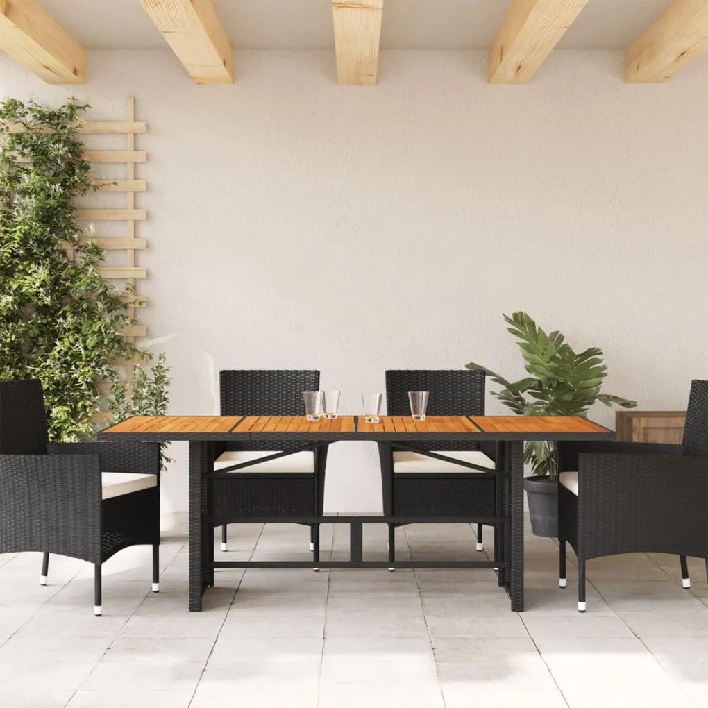 fekete polyrattan kerti asztal akácfa lappal 190 x 80 x 75 cm