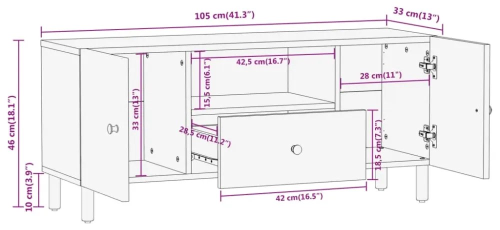 tömör mangófa TV-szekrény 105 x 33 x 46 cm