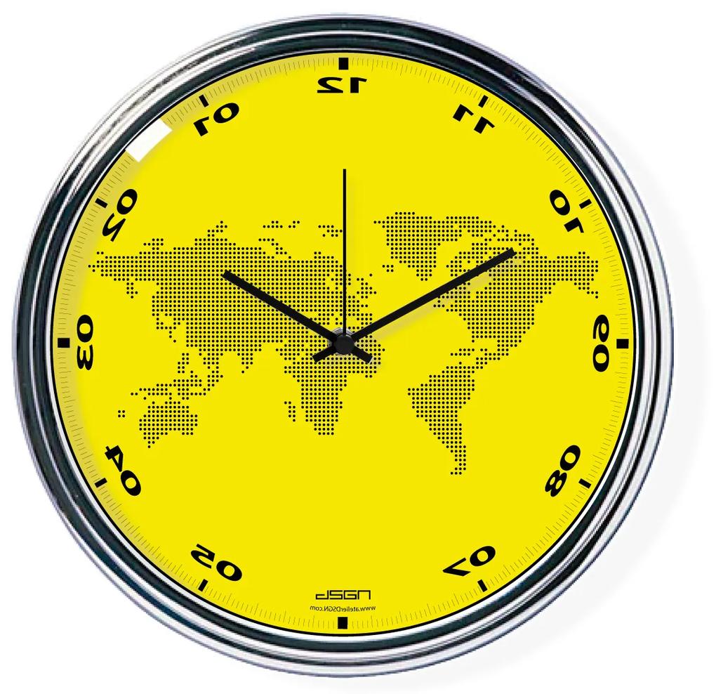 Fordított falióra világtérképpel - sárga, átmérő 32 cm | DSGN