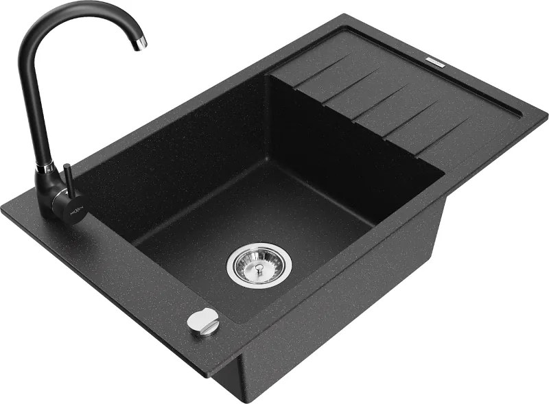 Mexen Elias egymedencés gránit mosogató csepegtetővel és Telma konyhai csappal, fekete/ezüst - 6511-73-670200-70