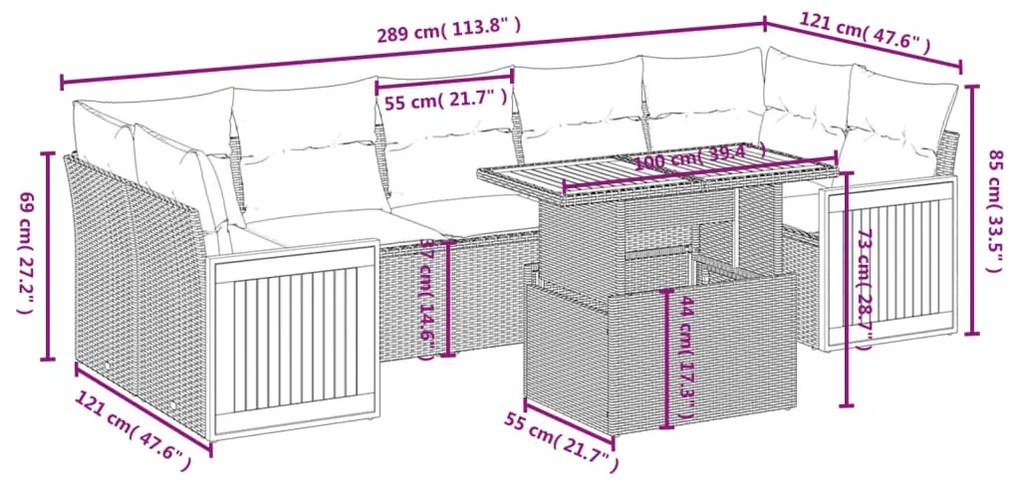 8 részes fekete polyrattan kerti ülőgarnitúra párnákkal