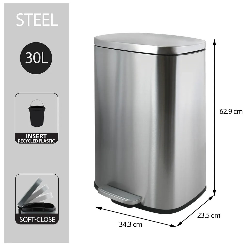 Spirella Pedálový odpadkový koš soft-close Akira30 l, kartáčovaný nerez, 30 l