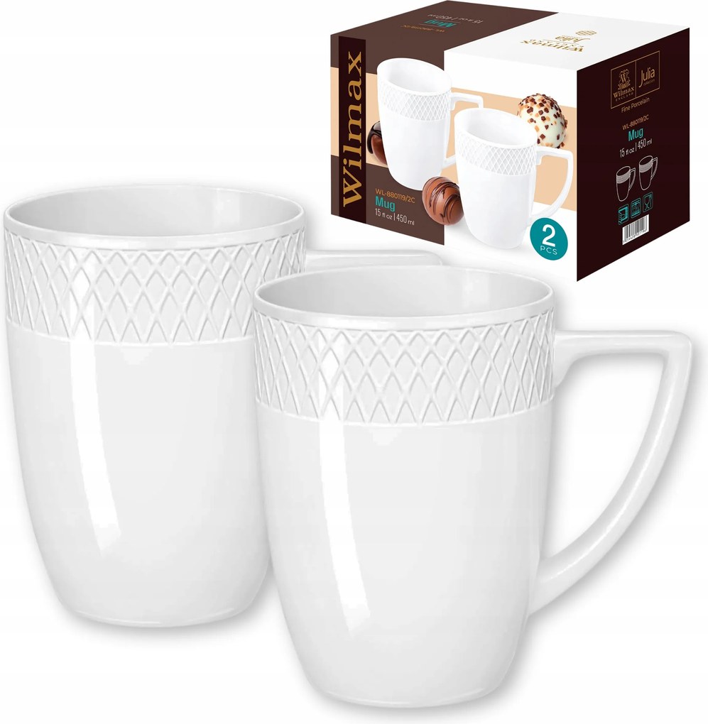 2x Teás- és kávéscsésze 450ml Fehér Porcelán kerámia Wilmax