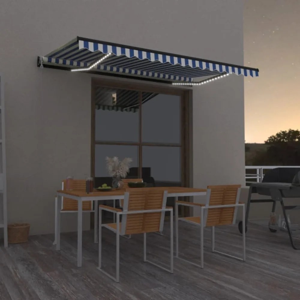kék/fehér automata szélérzékelős és LED-es napellenző 450x350cm