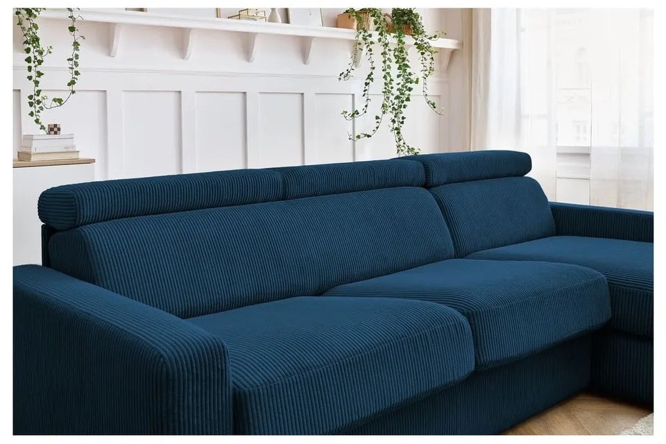 Sötétkék kordbársony kinyitható sarokkanapé (variálható) Monaco – Bobochic Paris