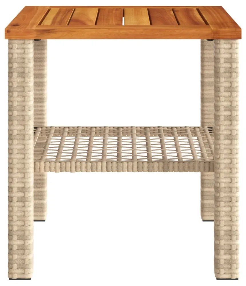 bézs polyrattan és akácfa kerti asztal 40 x 40 x 42 cm