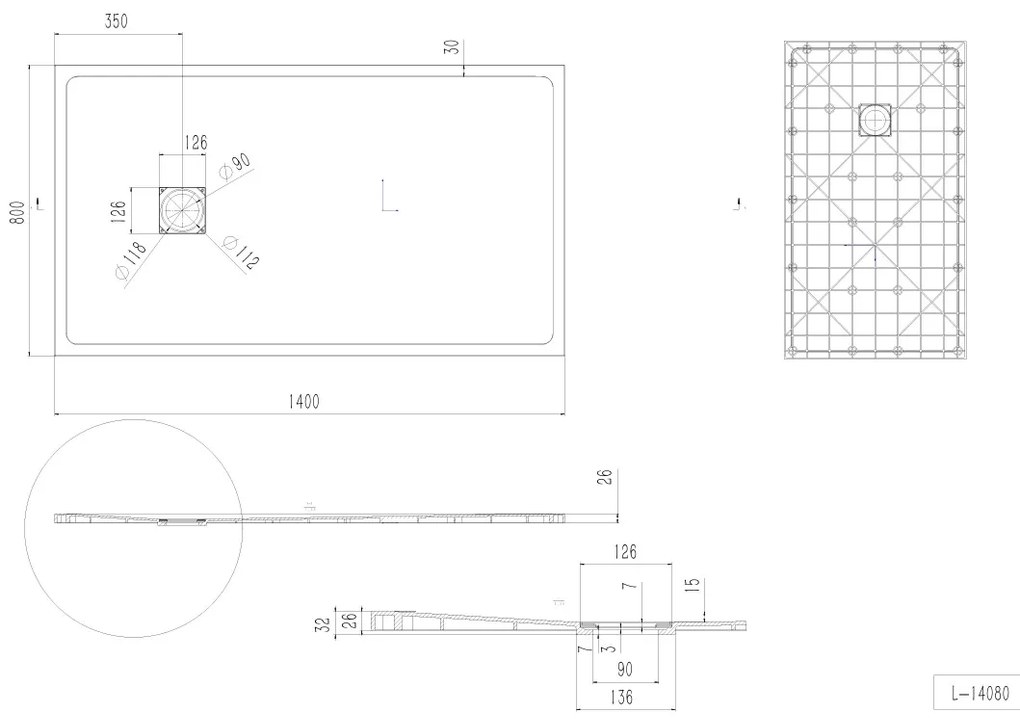 Erga Hyper, SMC zuhanytálca 140x80x2,6 cm + szifon, fekete matt, ERG-V06-SMC-8014S-BK