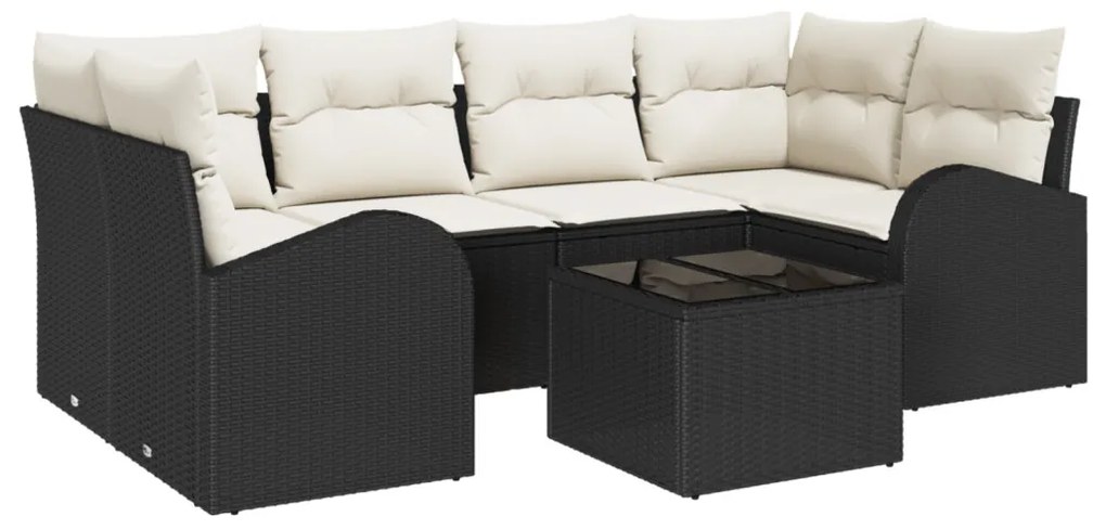 7 Darabos Kerti Kanapészett Párnákkal Fekete Poly Rattan