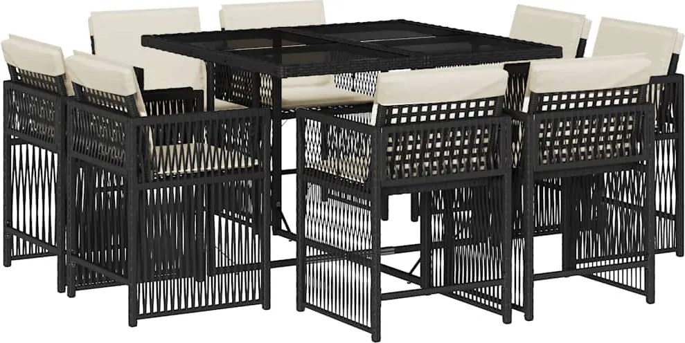 vidaXL 9 részes fekete polyrattan kerti étkezőgarnitúra párnákkal