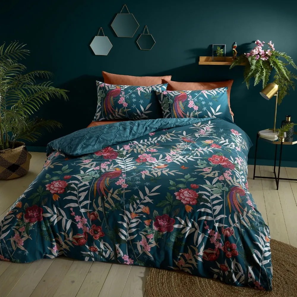 Zöld kétszemélyes ágyneműhuzat 200x200 cm Tropical Floral Birds - Catherine Lansfield