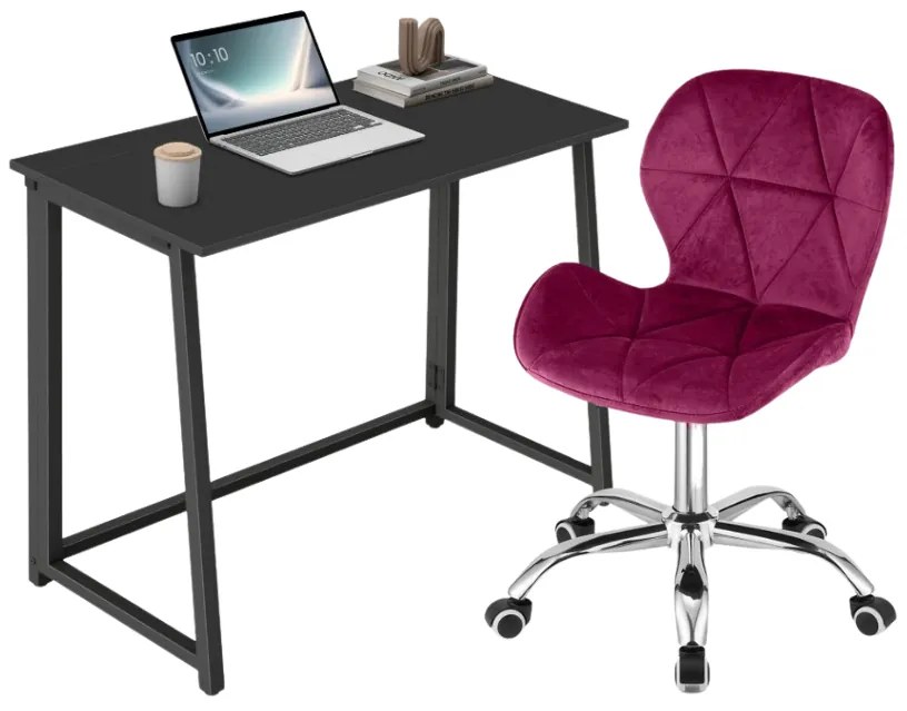 Dolgozószobai szett – összecsukható íróasztal ZARIMO 80×40 cm fekete + irodai szék AVOLA VELVET bordó