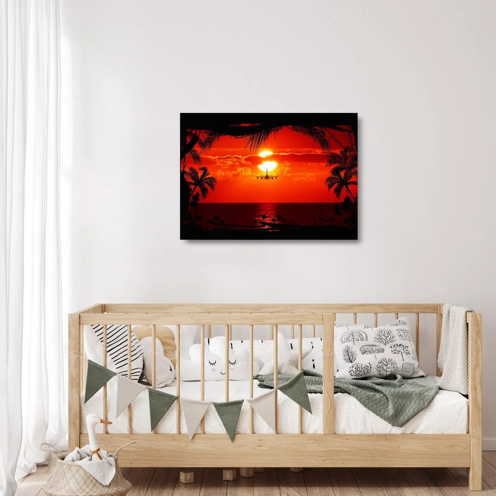 Kép - naplemente repülőgéppel (üvegen) (70x50 cm)