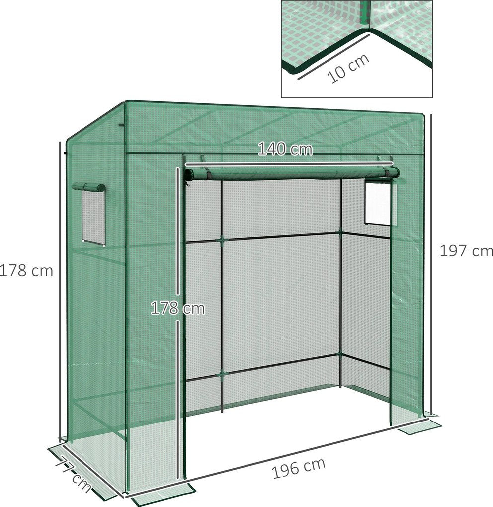 Outsunny Kerti Üvegház PE, Erkély Üvegház, Megerősített 140 g/m² Ponyva, Acél Váz, Feltekerhető Cipzáras Ajtó, 2 Ablak, Zöldség Növényekhez és Virágok