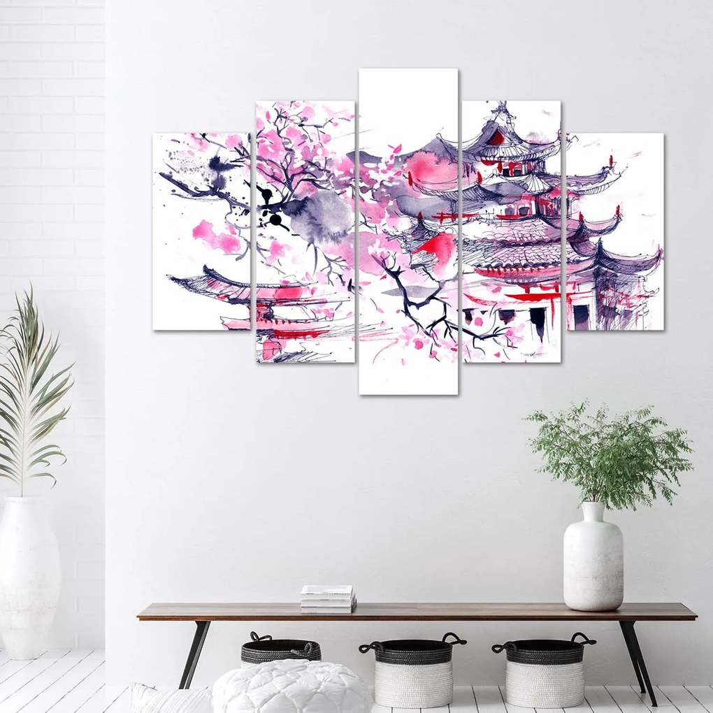 Gario Vászonkép Japán pagoda és cseresznyevirág - 5 részes Méret: 200 x 100 cm