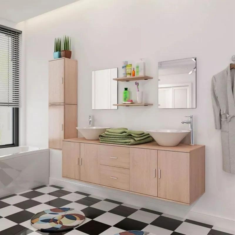 11 részes fürdőszobabútor szett mosdótállal és csappal bézs
