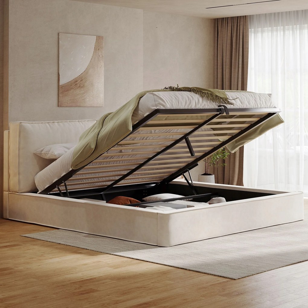 Kárpitozott ágy, kétszemélyes, 180 x 200 cm Hidraulikus Bézs Zsenília