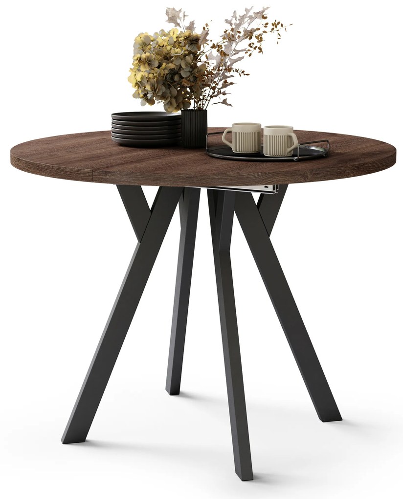 Mazzoni ALMO Barna tölgy/fekete lábak - BŐVÍTHETŐ KEREK ASZTAL Y ALAKÚ LÁBAKKAL LOFT/IPARI STÍLUSÚ NAPPALIBA/ÉTKEZŐBE