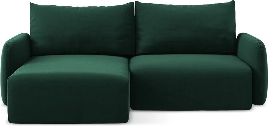 Sötétzöld bársony kinyitható-tárolóhelyes sarokkanapé (bal oldali-heverő résszel) Kalena – Makamii