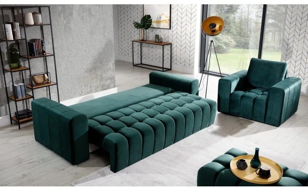 Sötétzöld bársony kinyitható-tárolóhelyes kanapé 247 cm Lazaro – ELTAP