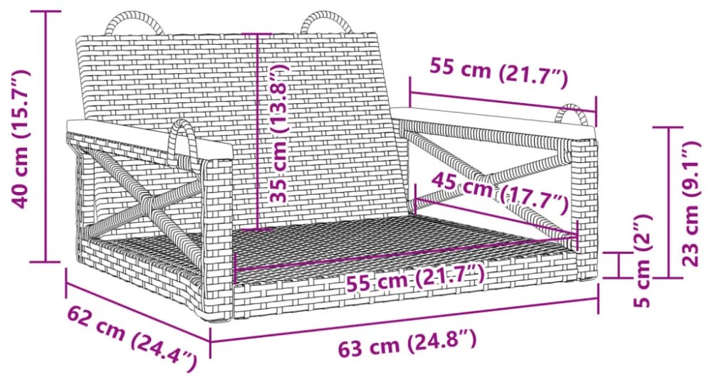 fekete polyrattan hintapad 63 x 62 x 40 cm