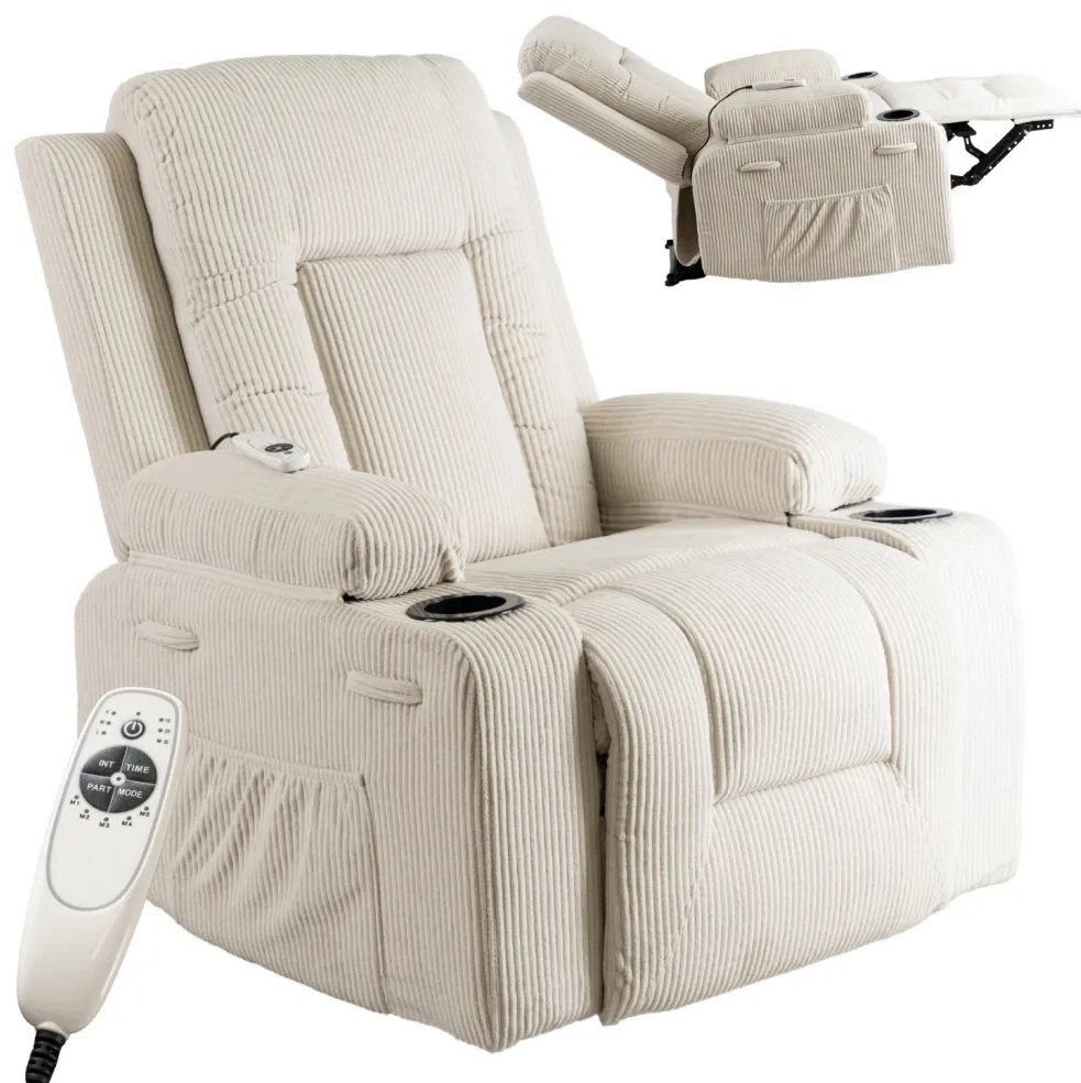 Elektromosan Vezérelhető Masszázsfunkciós Relaxfotel Bézs Kordbársony Kárpittal. BOX 2