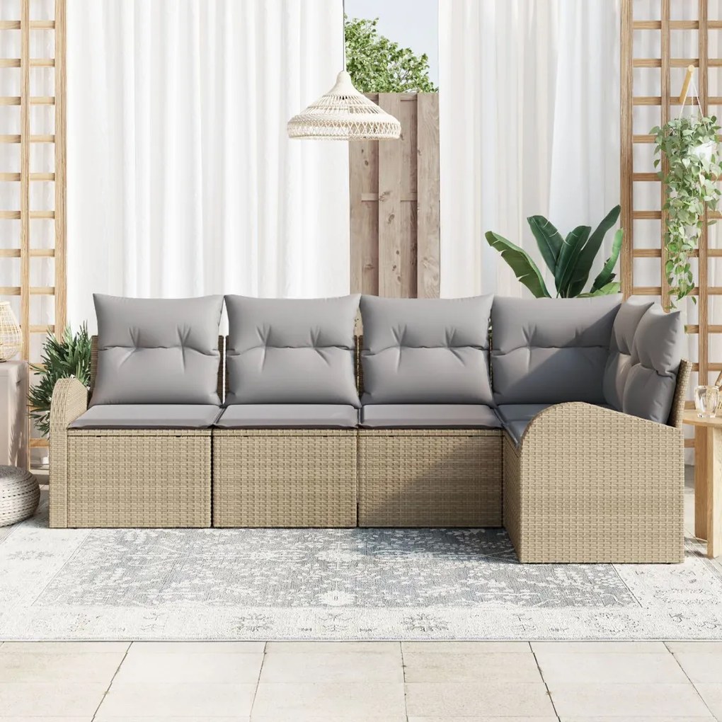 5 Részes Kerti Kanapé Szett Párnákkal Bézs Poly Rattan