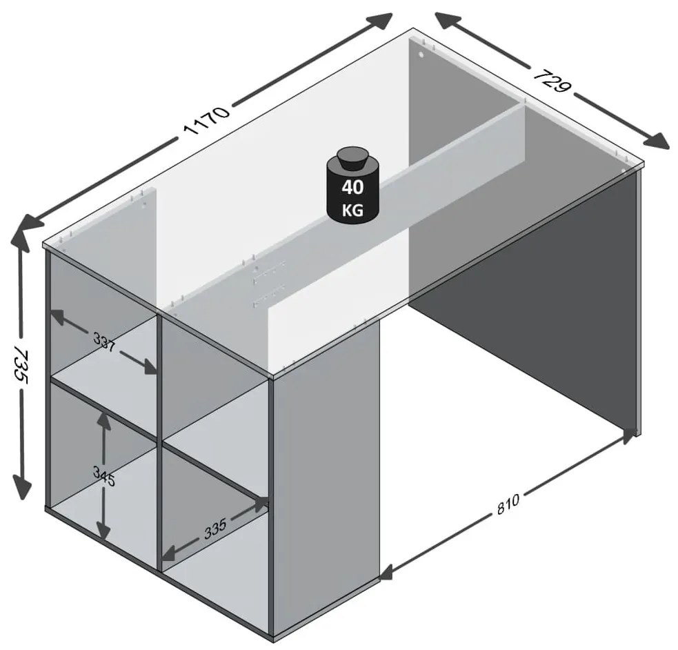 FMD betonszürke íróasztal oldalsó polcokkal 117 x 73 x 75 cm