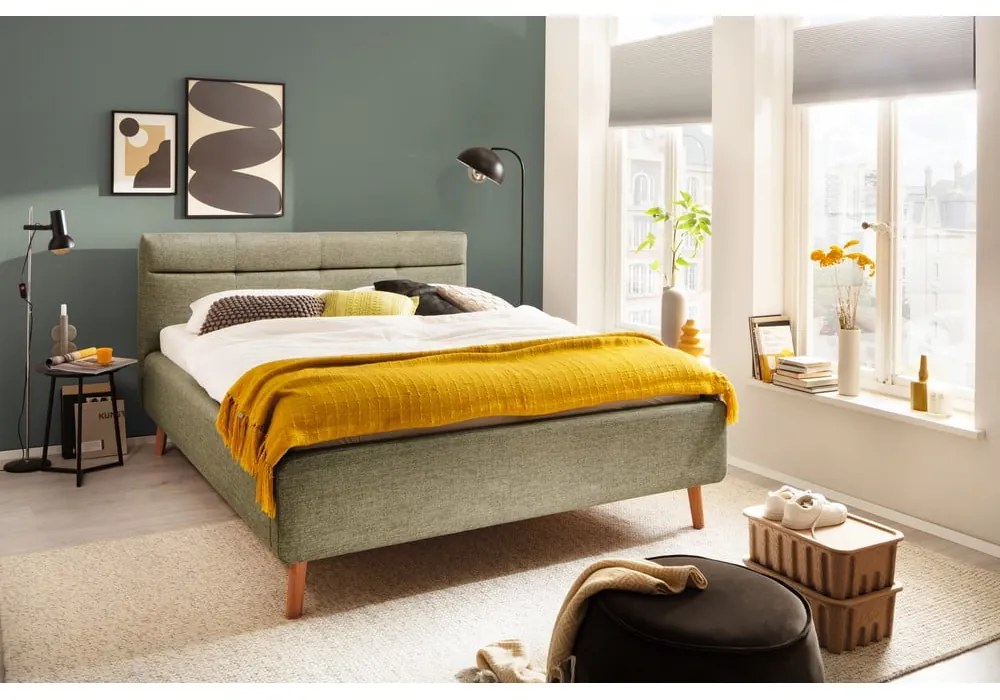 Zöld kárpitozott franciaágy tárolóhellyel és ágyráccsal 180x200 cm Lotte - Meise Möbel
