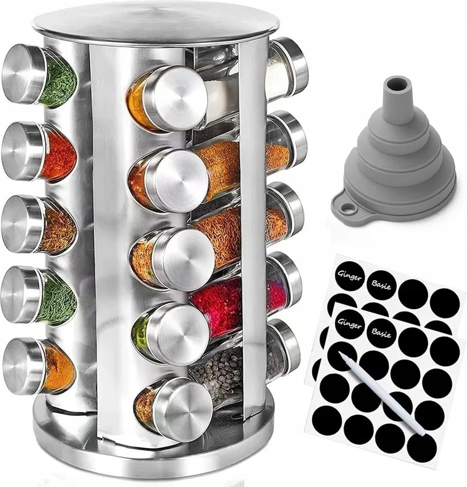 Fűszertartó Állvány 360° 20 Üveg Tégely Rozsdamentes Acél
