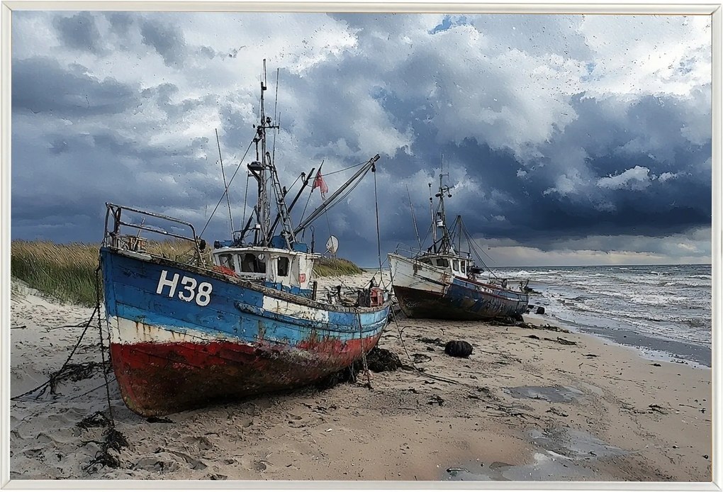 Poszter Keret Alumínium Tájkép Tenger Tengerpart Hajó Halászhajó Hullámok 60x40